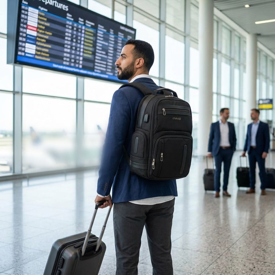 Homme avec le sac à dos Cristal à l'aéroport