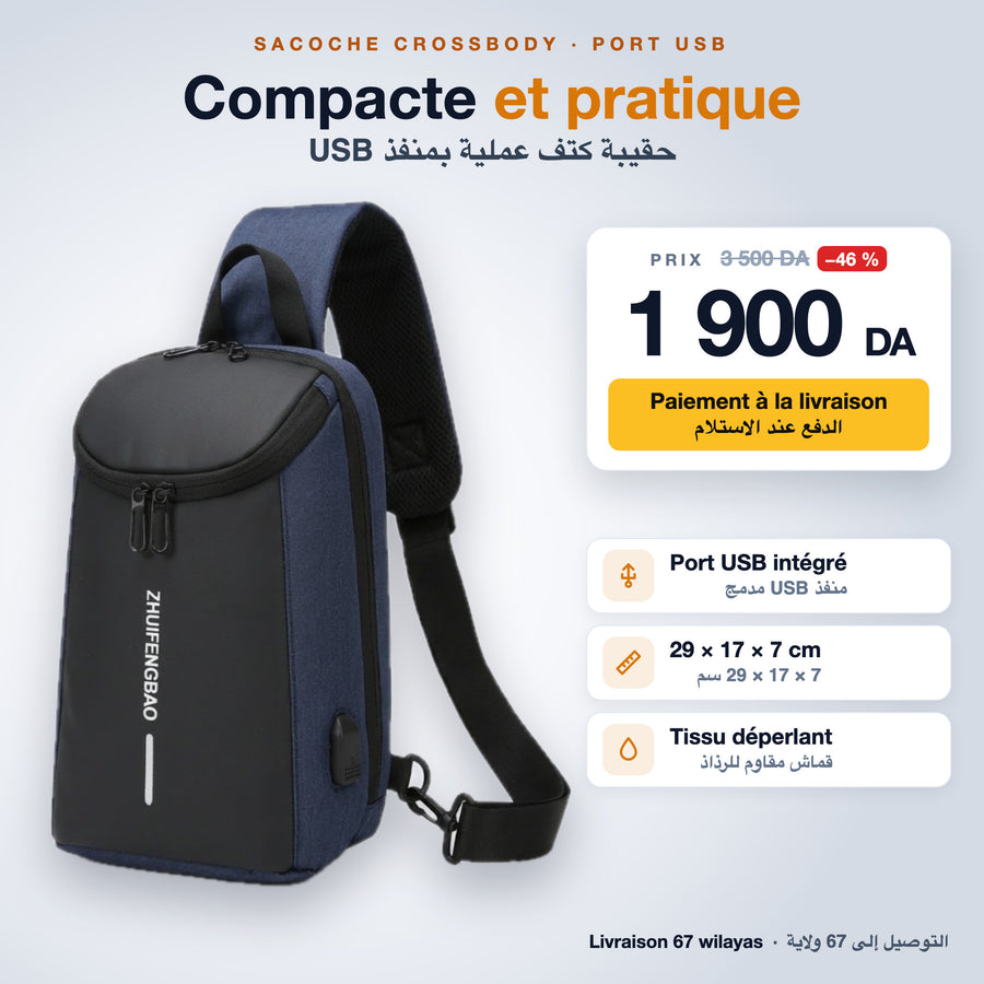 Sacoche crossbody USB bleue – 1 900 DA