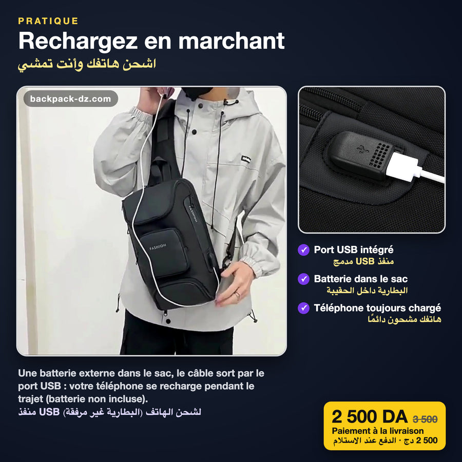 Port USB du sac bandoulière pour recharger le téléphone
