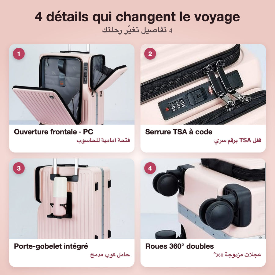 4 détails de la valise cabine rose : ouverture frontale, serrure TSA, porte-gobelet, roues 360°