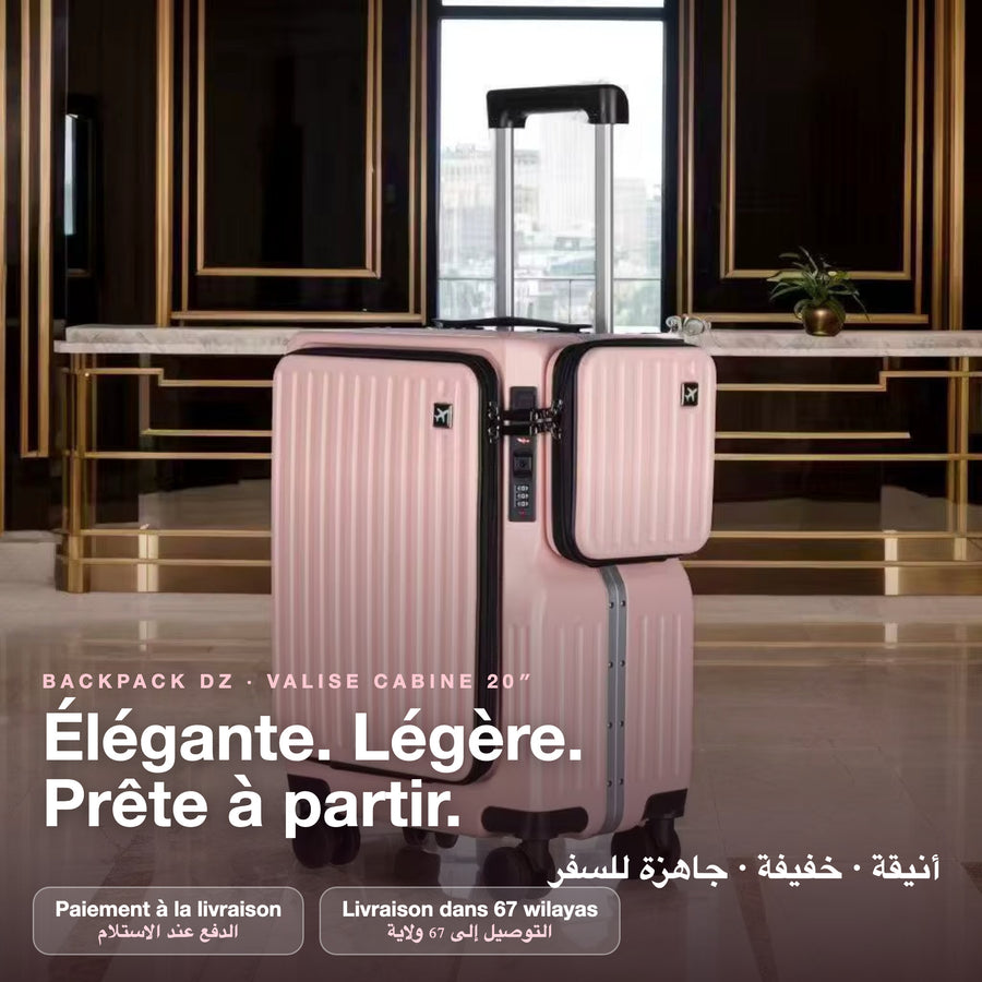 Valise cabine 20 pouces rose Backpack DZ dans un hall d'hôtel