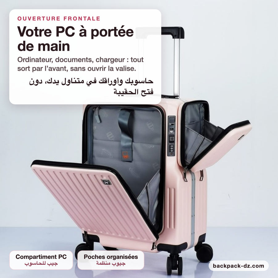 Ouverture frontale de la valise cabine rose : compartiment PC et poches organisées