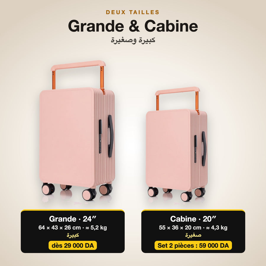 Deux tailles : grande 64 × 43 × 26 cm et cabine 55 × 36 × 20 cm