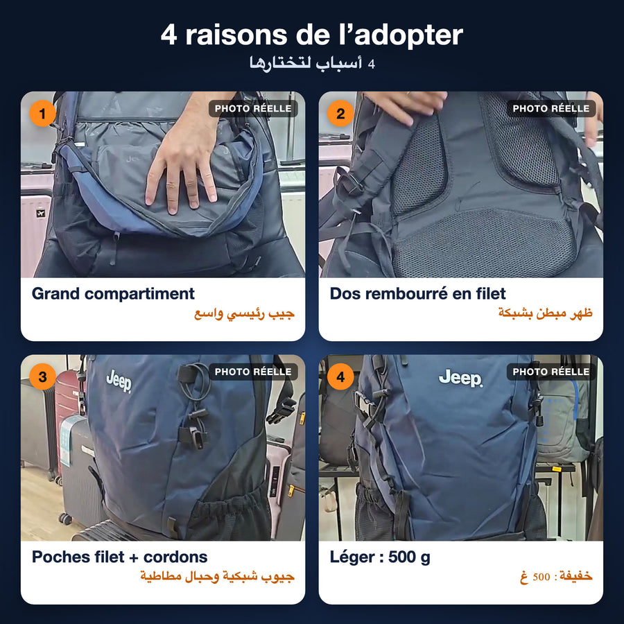 4 raisons de choisir ce sac à dos : grand compartiment, dos rembourré, poches filet, 500 g