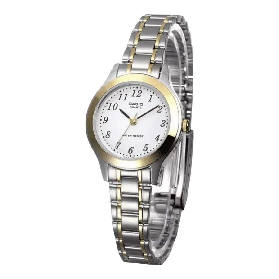 Casio LTP-1128G blanche, bracelet bicolore