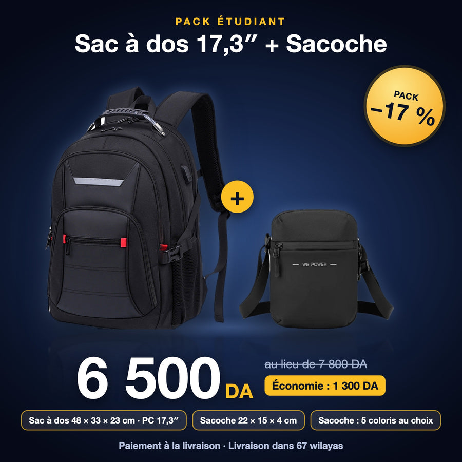 Pack Étudiant sac à dos 17,3 + sacoche 6 500 DA
