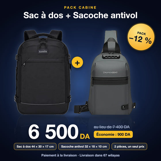 Pack Cabine : Sac à dos Asenlin + Sacoche poitrine antivol à cadenas – 6 500 DA