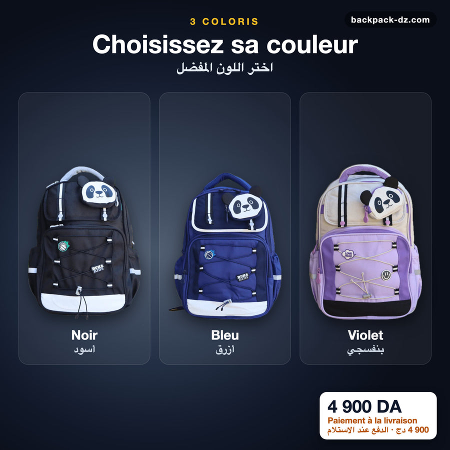 Sac scolaire panda en noir, bleu et violet