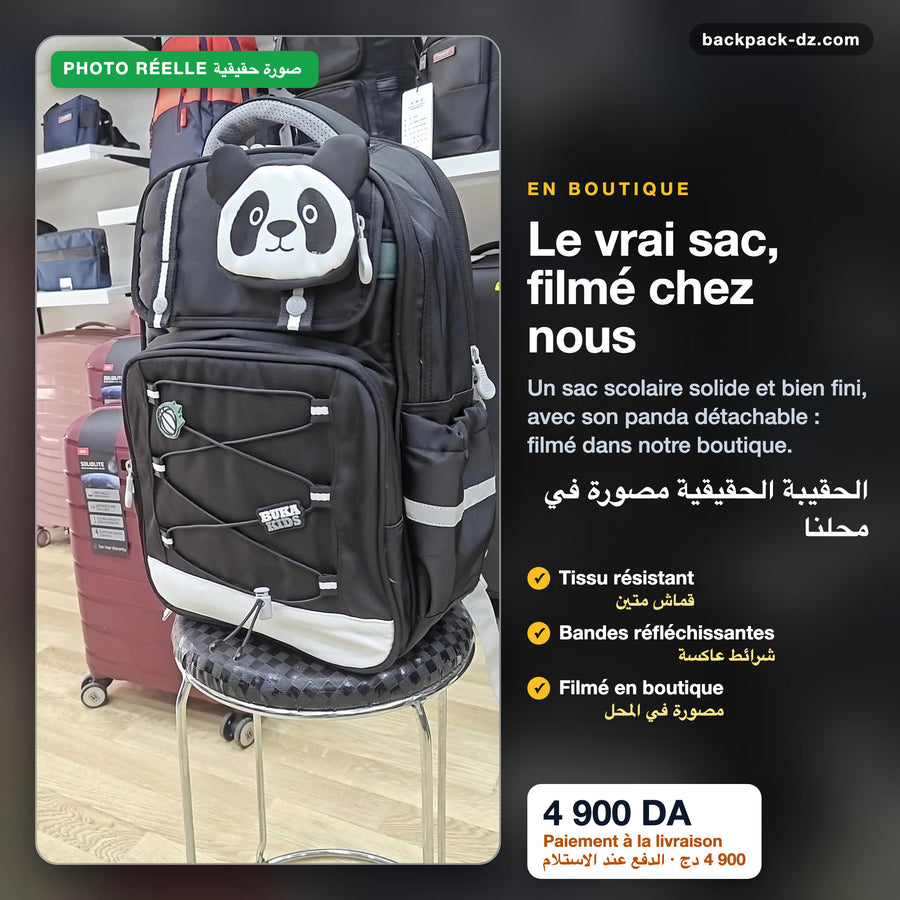 Photo réelle du sac scolaire noir en boutique