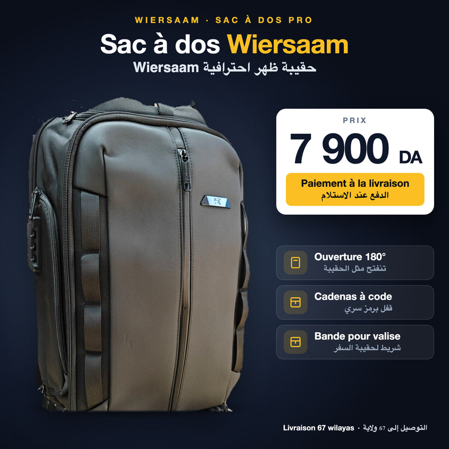 Sac à dos Wiersaam EC82000-4 à 7 900 DA, vue de 3/4 avec cadenas à code