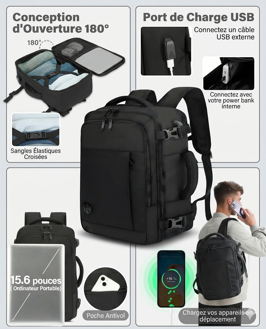 Sac à Dos Voyage Cabine Avion VANKEV 30 Litres