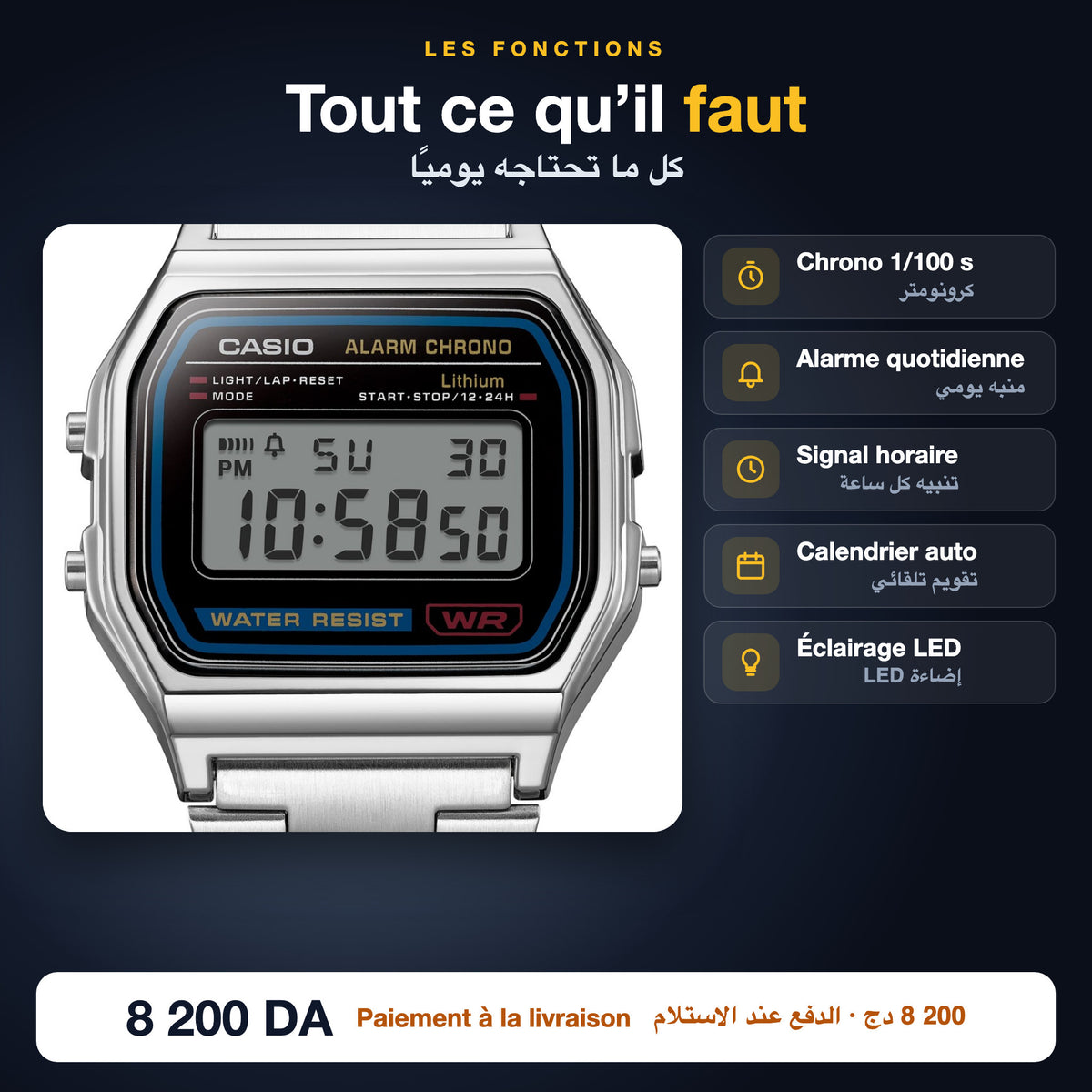 Fonctions Casio A158WA-1 : chronomètre 1/100 s, alarme, signal horaire, calendrier, LED