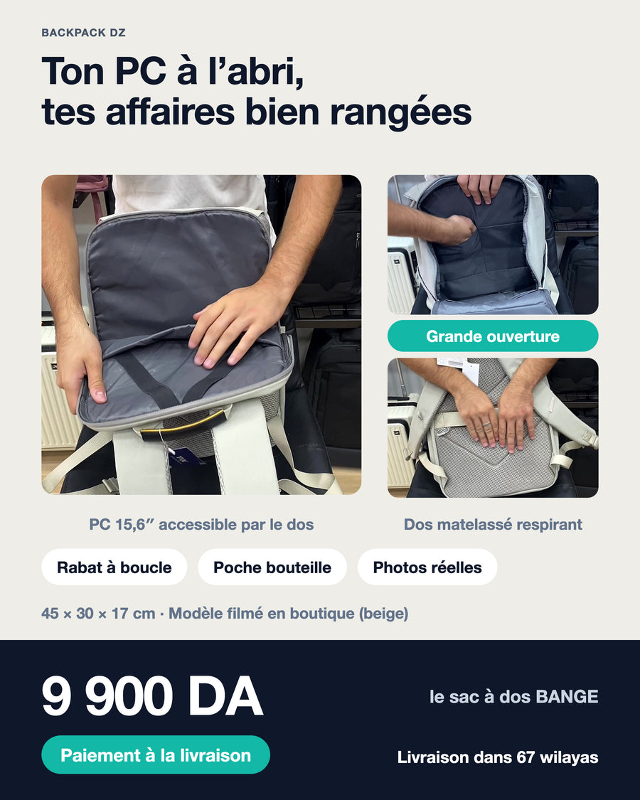 Sac à dos BANGE voyage – PC à l'abri, accès par le dos