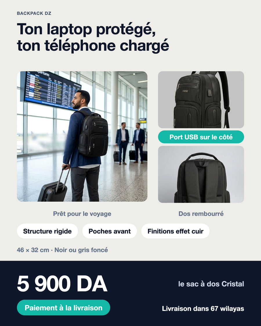 Sac à dos Cristal en voyage, port USB et dos rembourré