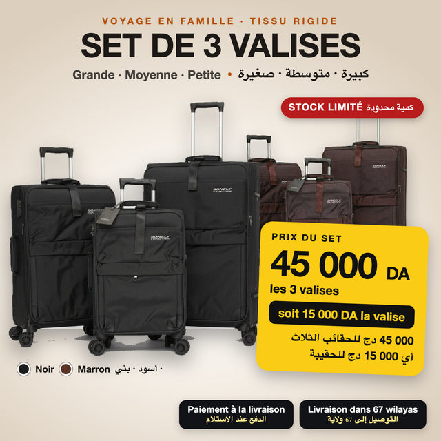 Set de 3 valises en tissu rigide, noir et marron : 45 000 DA les 3, soit 15 000 DA la valise