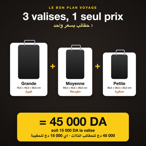 Grande + moyenne + petite valise = 45 000 DA