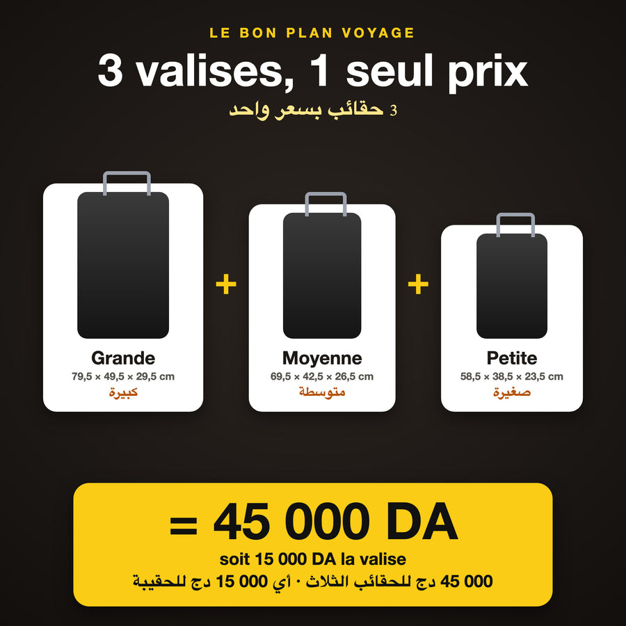 Grande + moyenne + petite valise = 45 000 DA