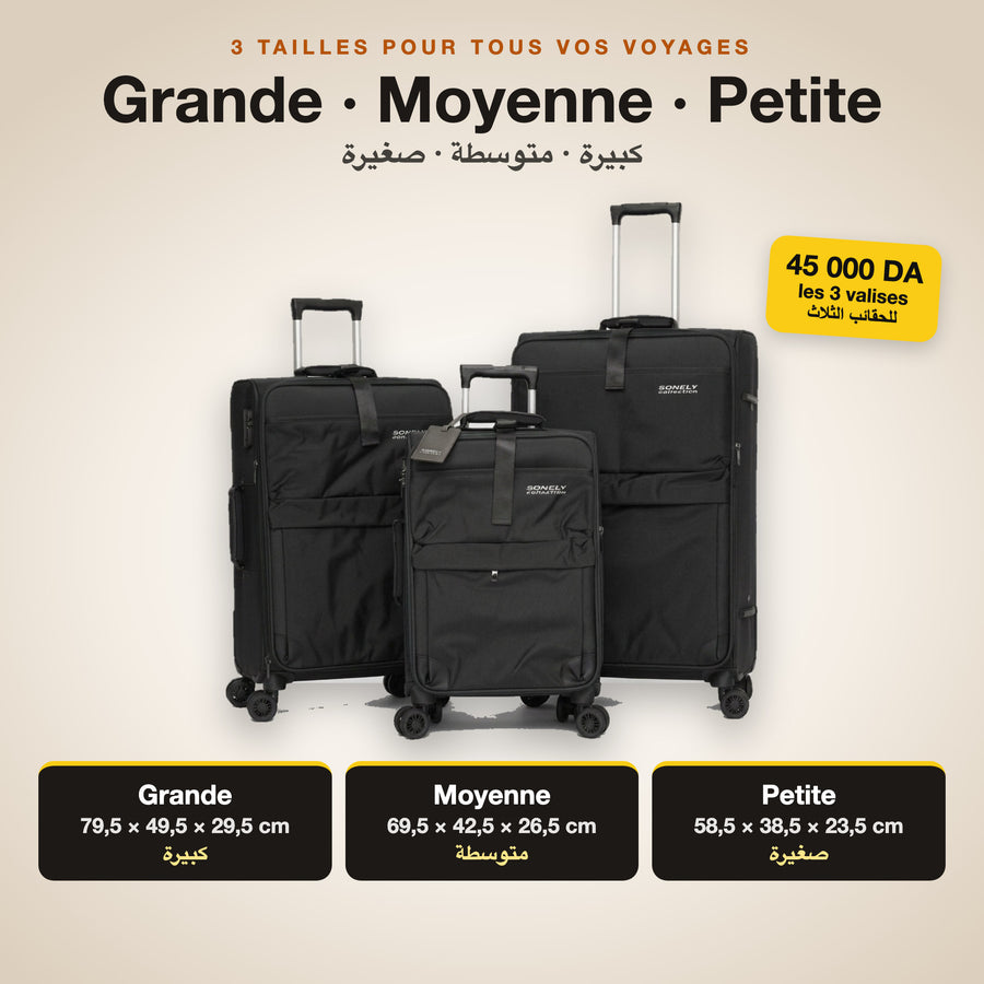 Dimensions des 3 valises : grande, moyenne, petite