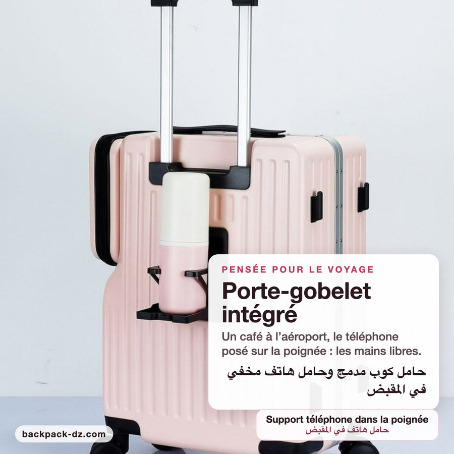 Porte-gobelet intégré et support téléphone dans la poignée de la valise cabine rose
