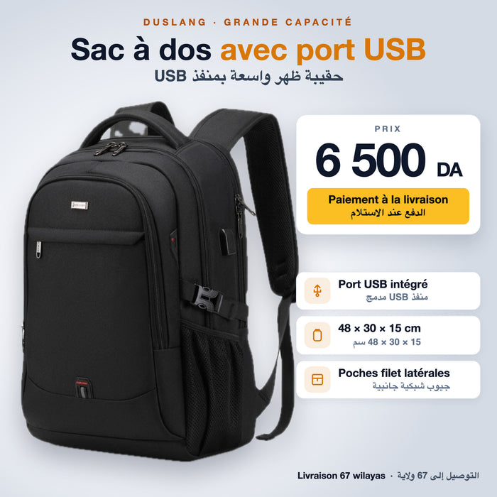 Sac à dos Duslang grande capacité avec port USB – 48 × 30 × 15 cm