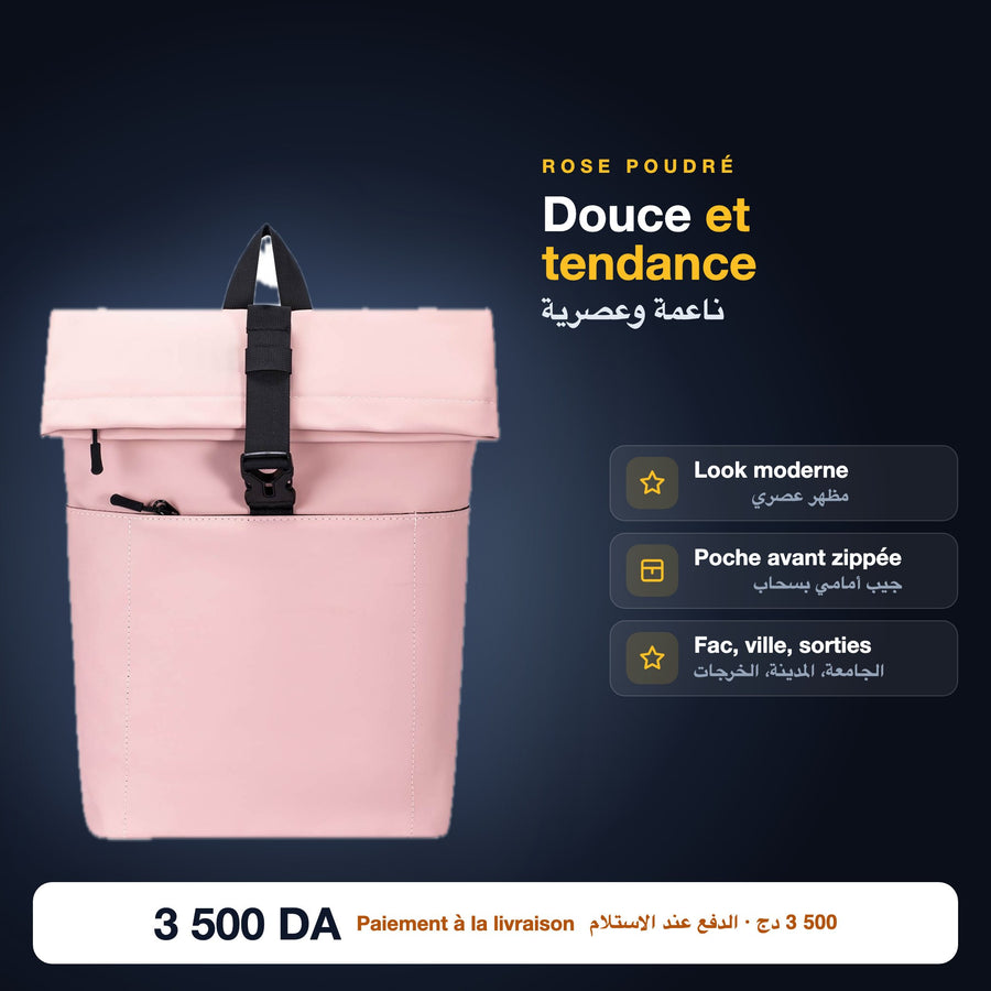 Sac à dos enroulé casual rose poudré