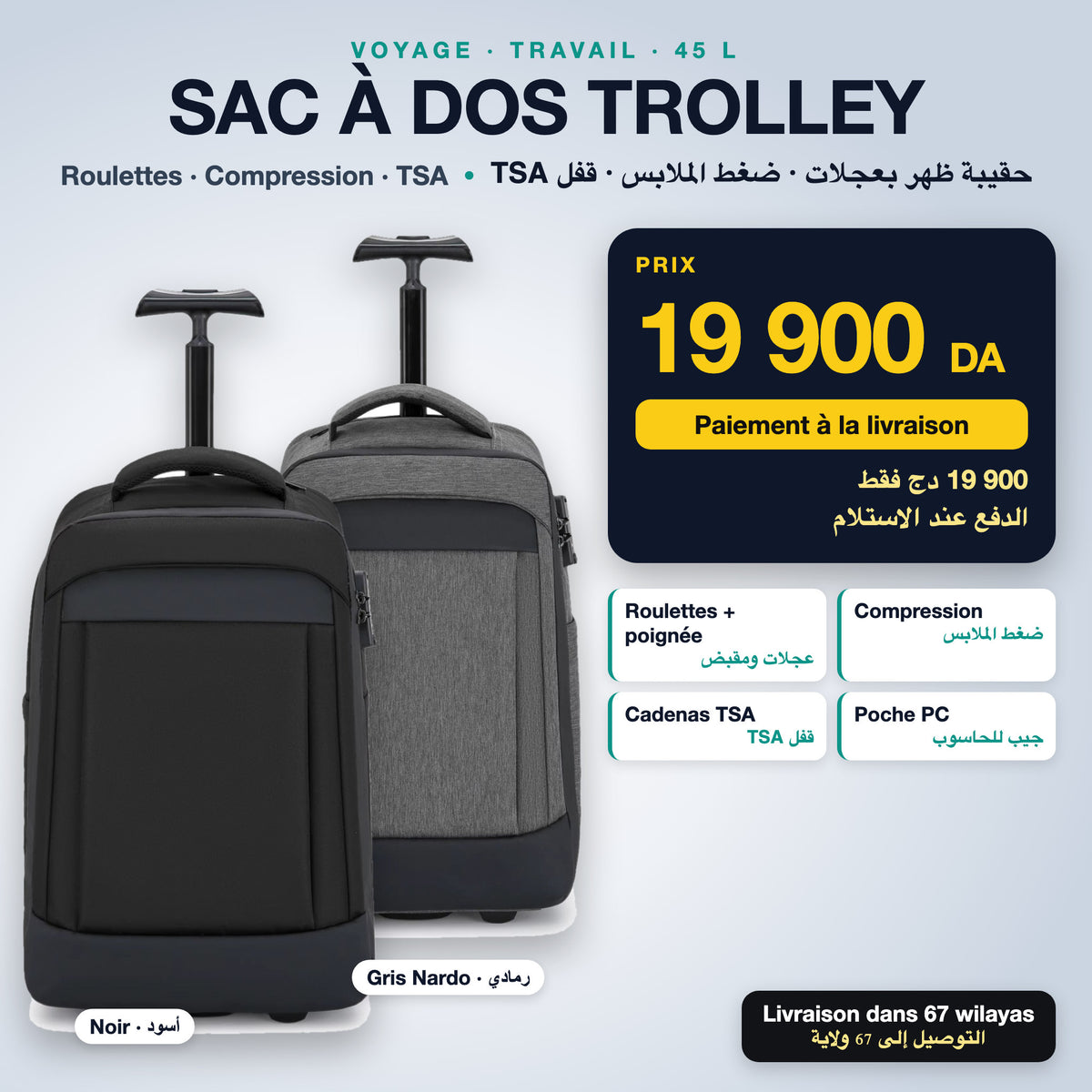 Sac à dos trolley 45 L à 19 900 DA, noir ou gris Nardo