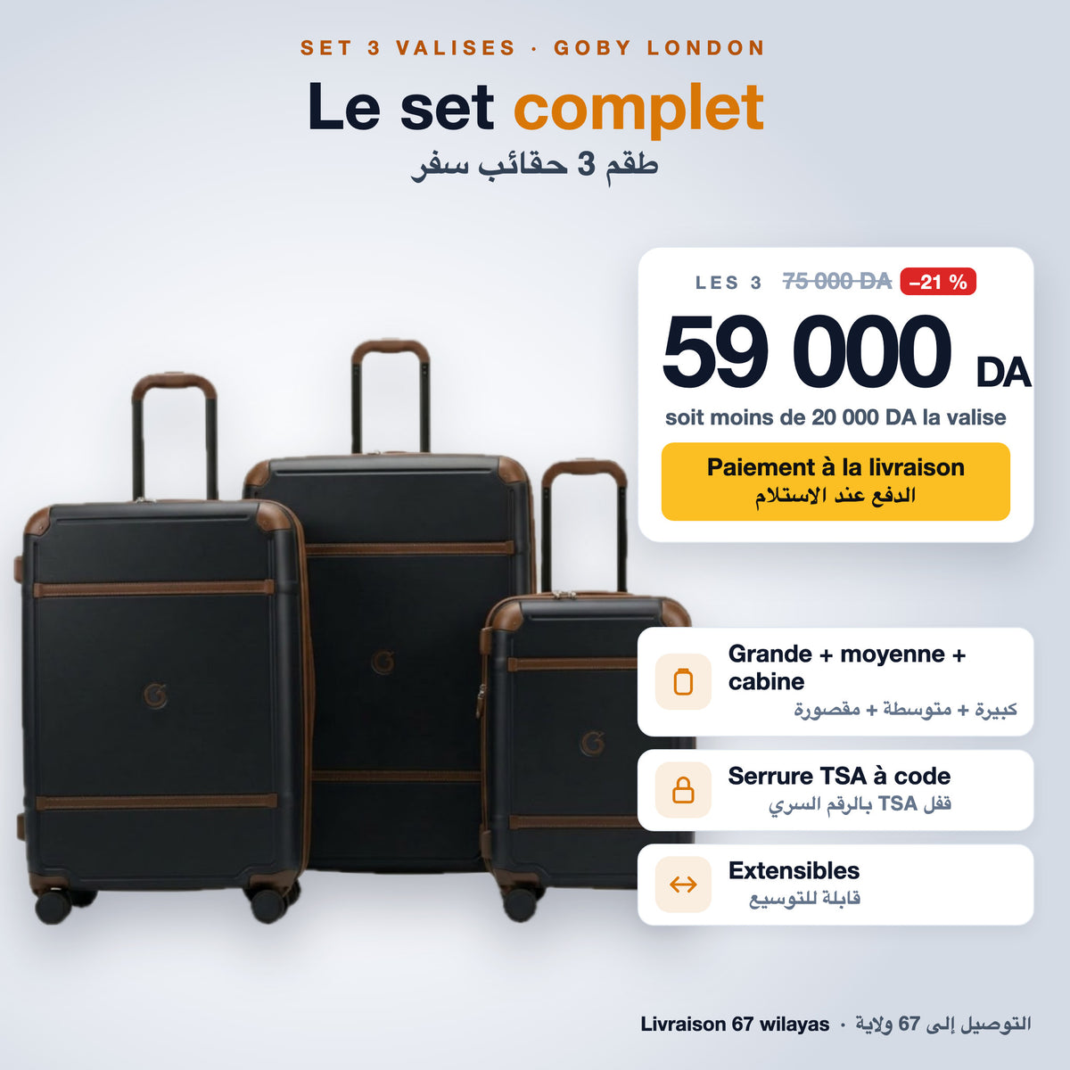 Set de 3 valises Goby London noir, 59 000 DA les 3 au lieu de 75 000