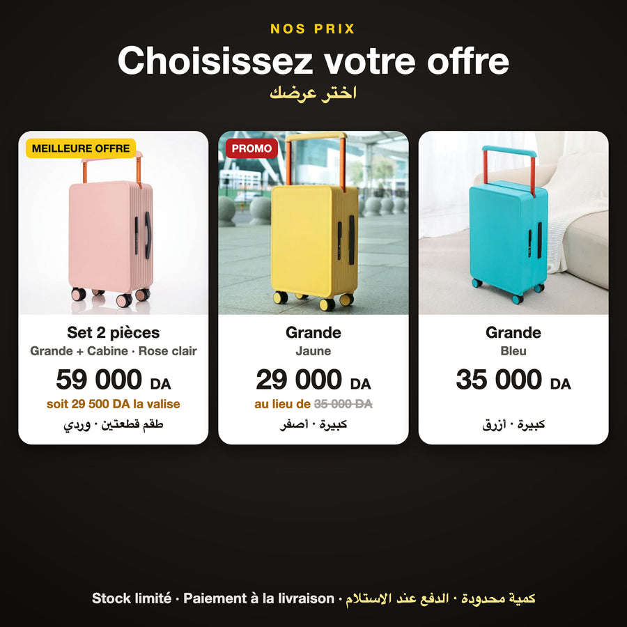 Nos prix : set 2 pièces rose clair 59 000 DA, grande jaune 29 000 DA, grande bleue 35 000 DA