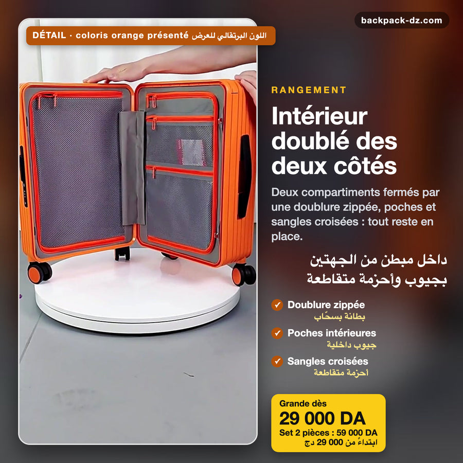 Intérieur doublé des deux côtés de la valise rigide
