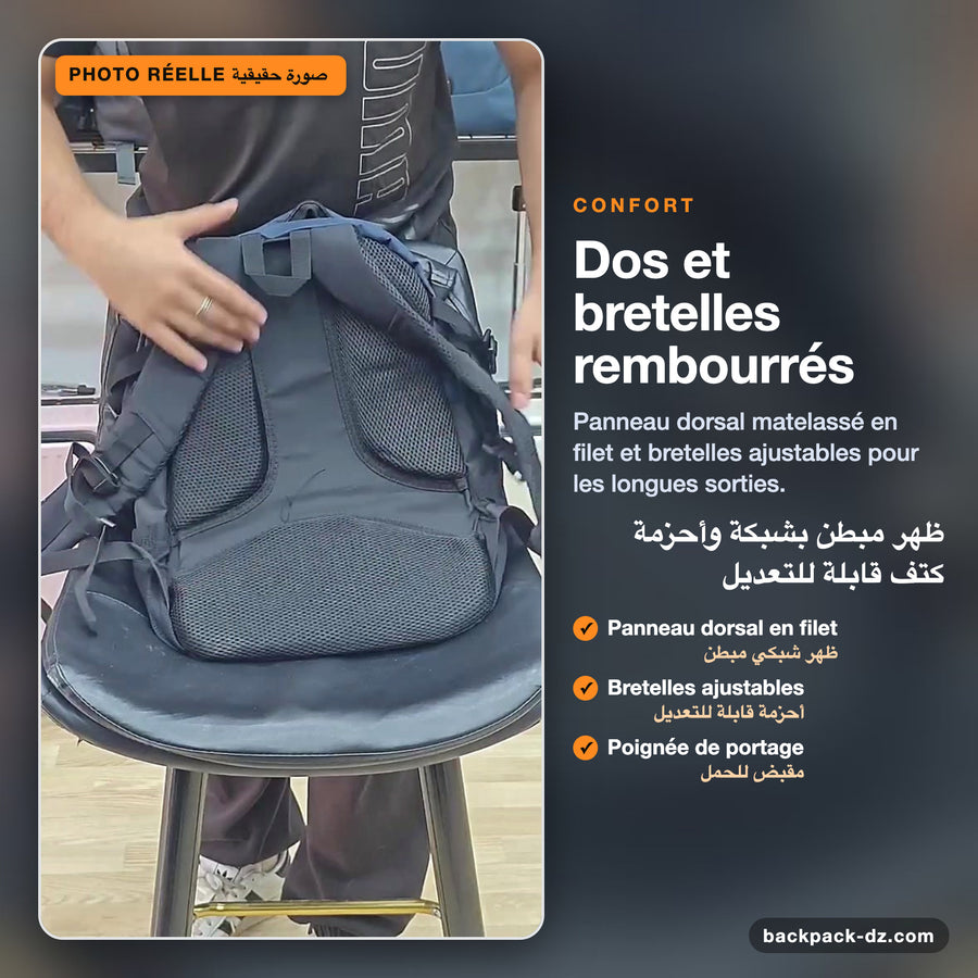 Dos rembourré en filet et bretelles ajustables du sac à dos, photo réelle
