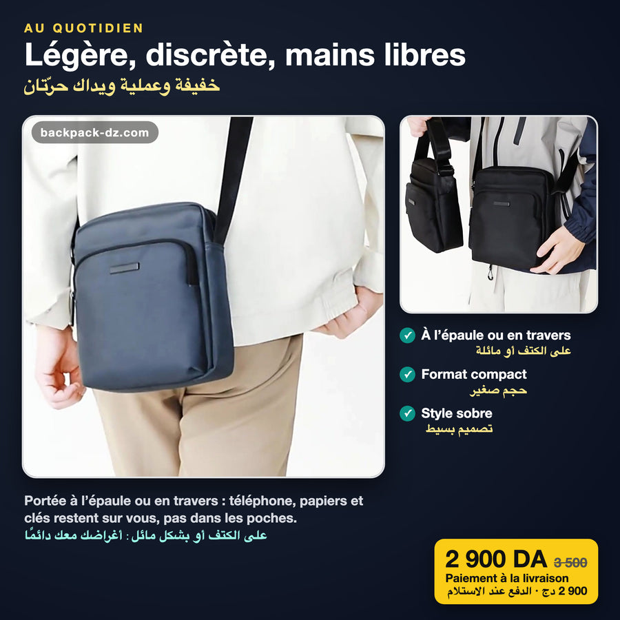 Sacoche homme portée à l'épaule, gris et noir