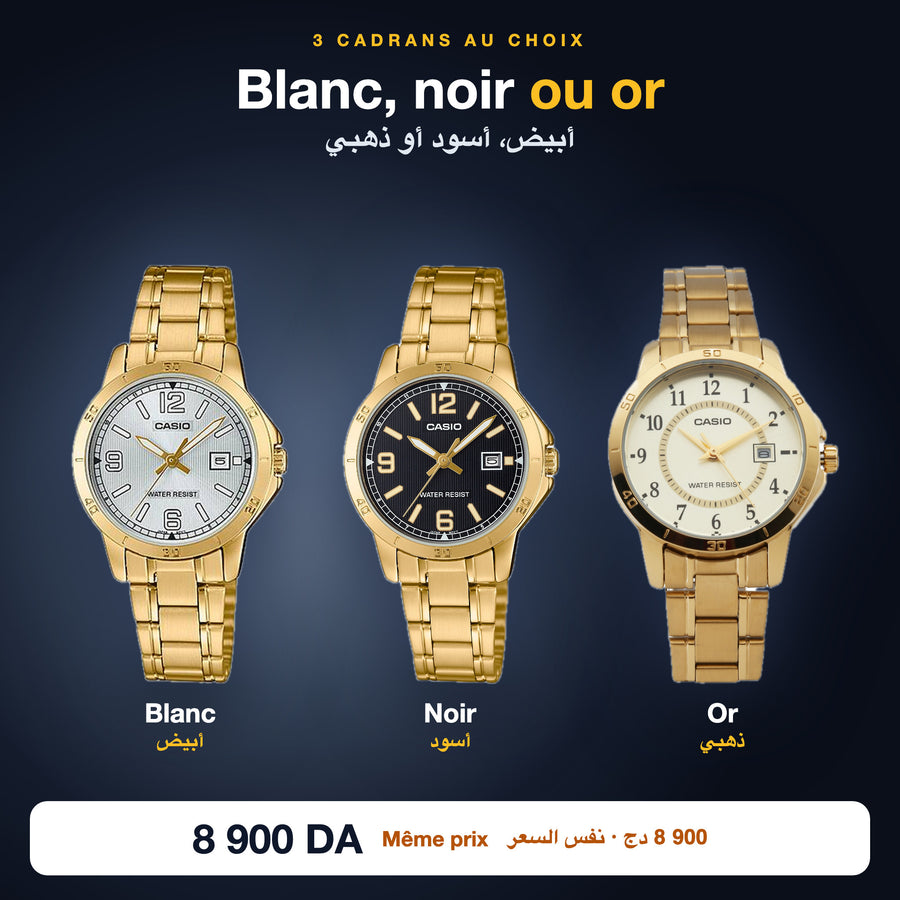 Casio LTP-V004G : cadran blanc, noir ou or