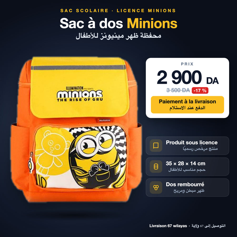 Sac à dos scolaire Minions – 2 900 DA, paiement à la livraison