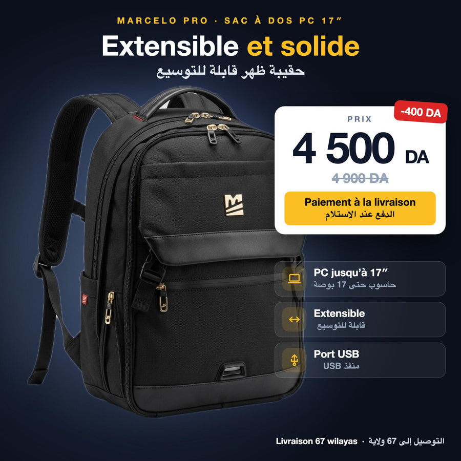 Sac à dos Marcelo PRO extensible PC 17 pouces, 4 500 DA, paiement à la livraison