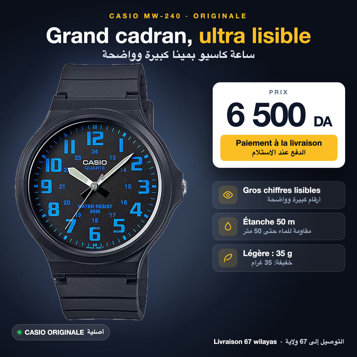 Montre Casio MW-240 originale à grand cadran, 6 500 DA, paiement à la livraison
