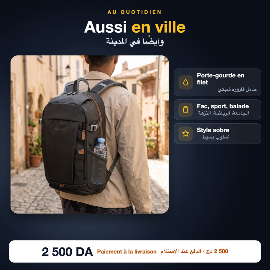 Sac à dos 20 L en ville avec gourde dans la poche filet