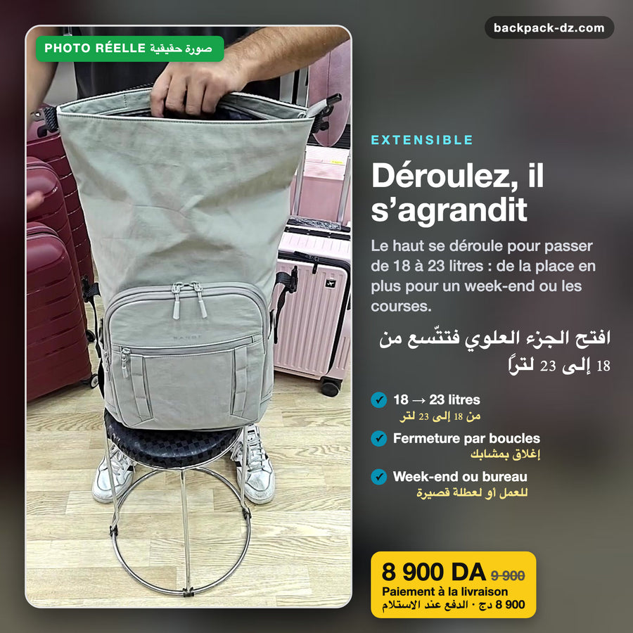 Roll-top déroulé : de 18 à 23 litres