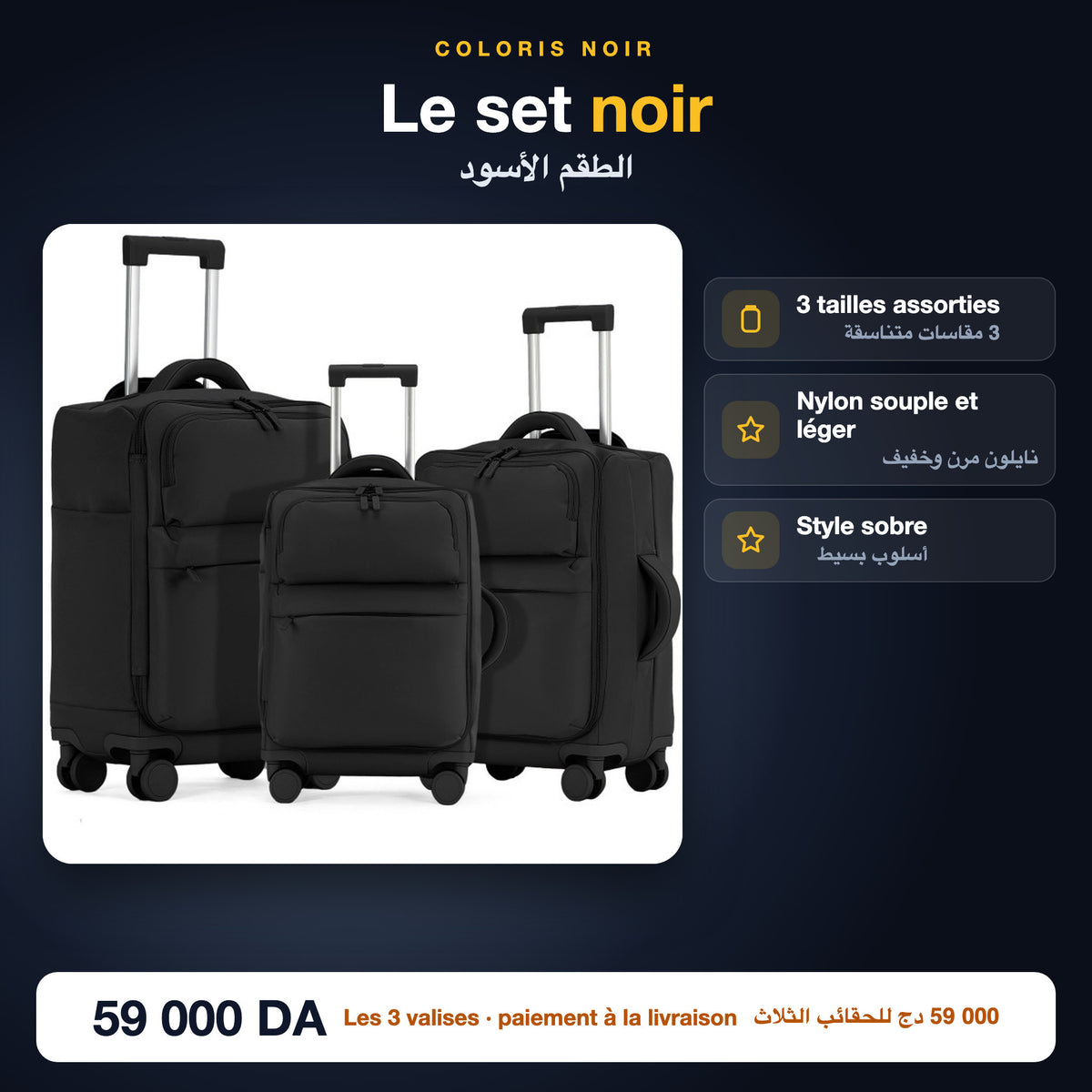 Set de 3 valises souples coloris noir