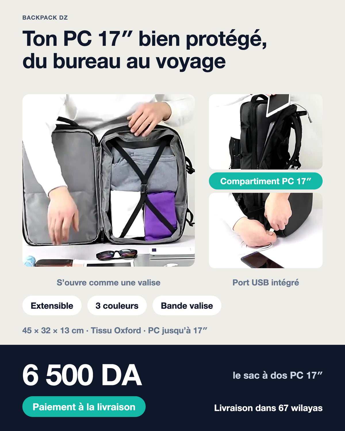 Sac à dos PC 17″ extensible avec port USB