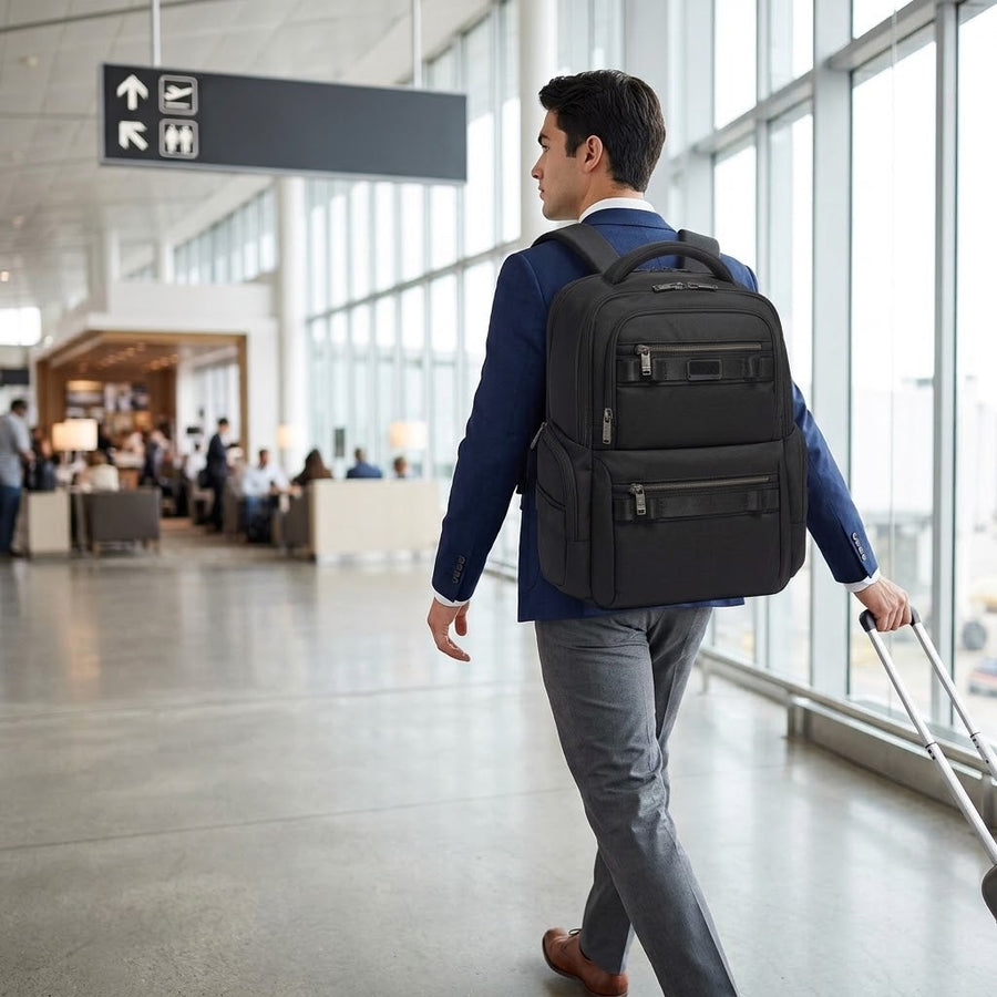 Homme portant le sac à dos business à l'aéroport