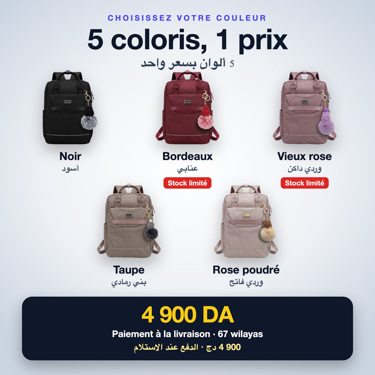 Sac à dos femme : 5 coloris, 1 prix de 4 900 DA
