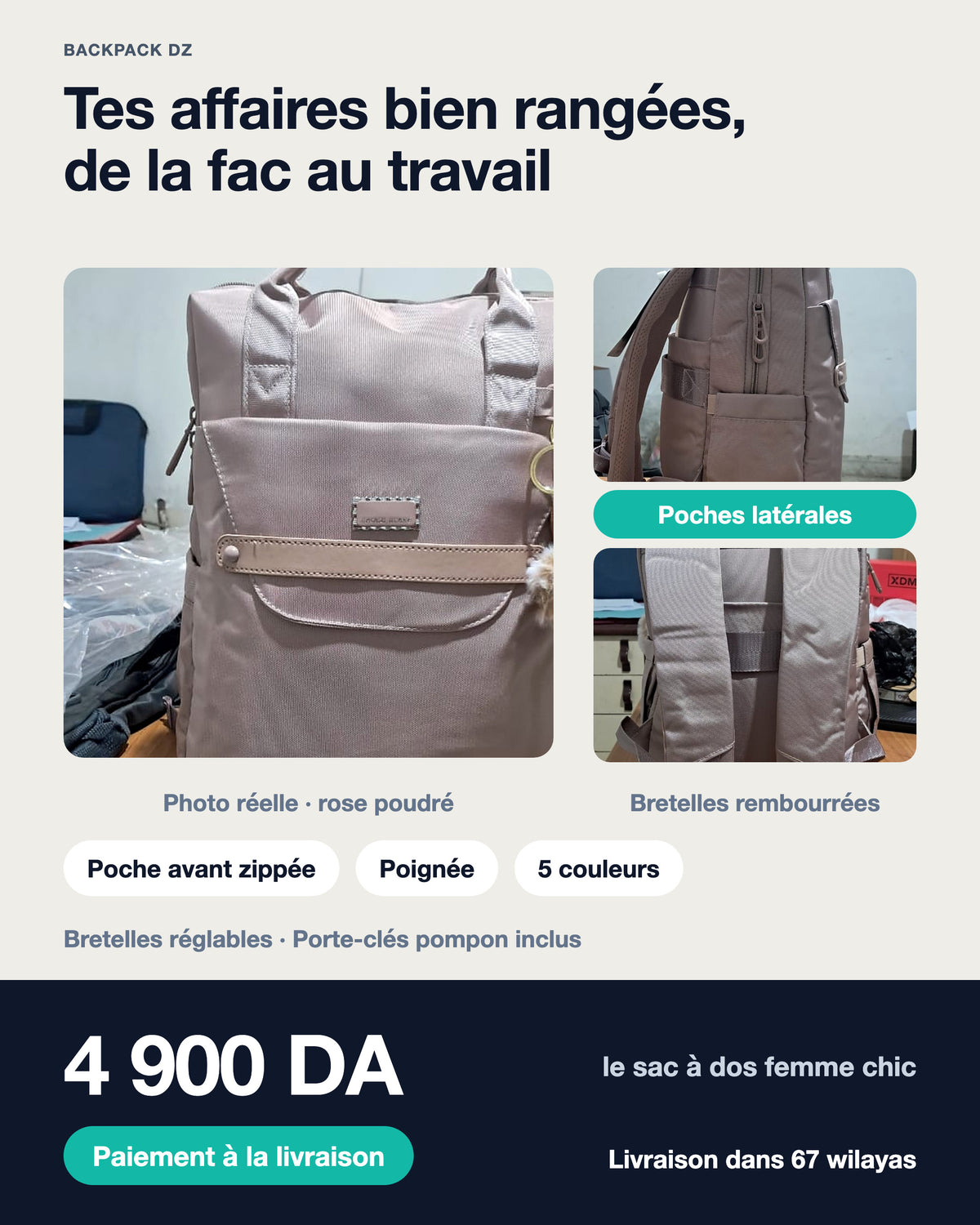 Sac à dos femme rose poudré en photo réelle : poches latérales et bretelles rembourrées