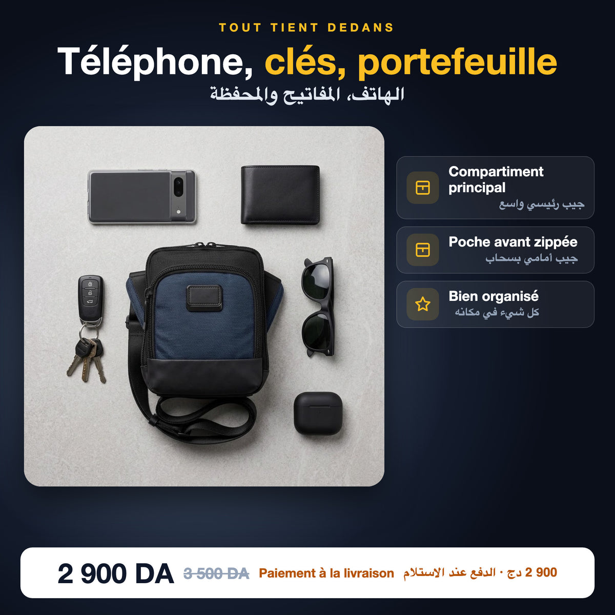 Téléphone, clés et portefeuille tiennent dans la sacoche