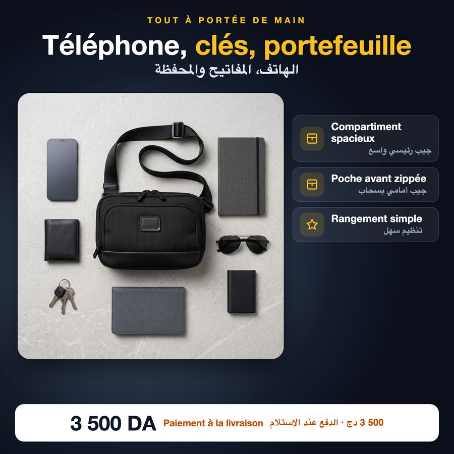 Téléphone, clés et portefeuille dans la sacoche