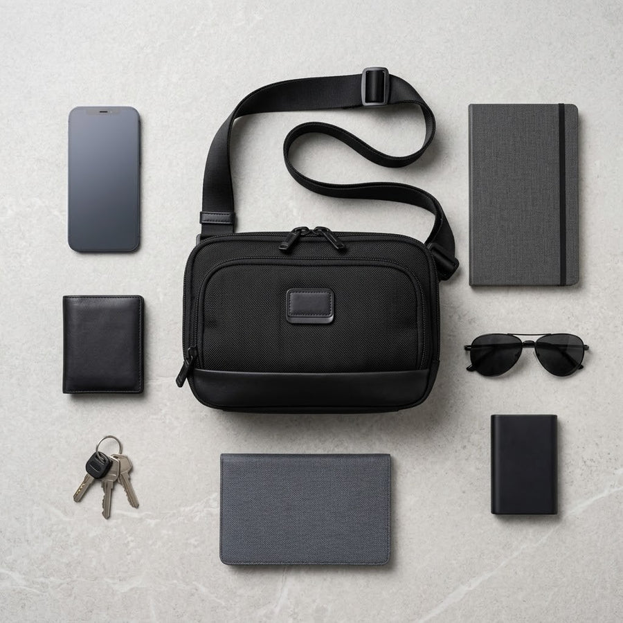 Sacoche noire avec téléphone, portefeuille, carnet et clés