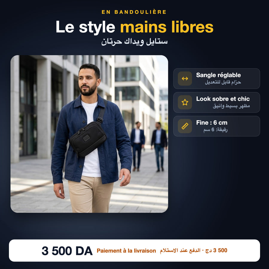 Sacoche portée en bandoulière, mains libres