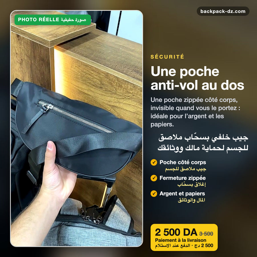 Poche anti-vol zippée au dos du sac banane Skboy