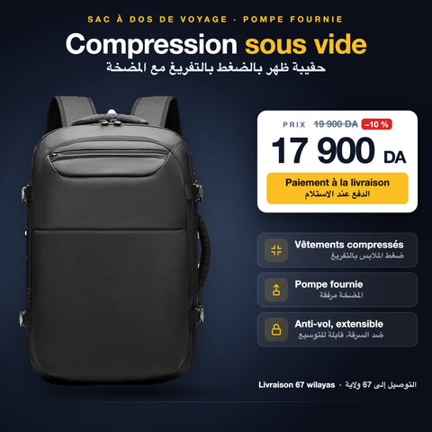Sac à dos de voyage sous vide extensible et anti-vol – pompe fournie