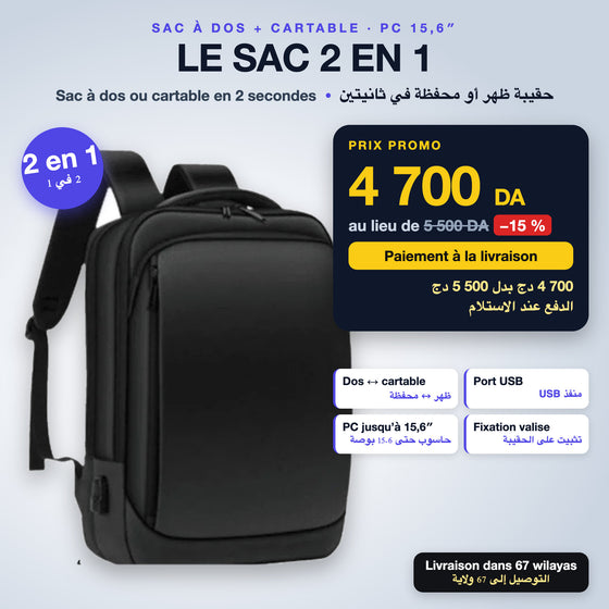 Sac à dos et cartable professionnel 2 en 1 avec port USB