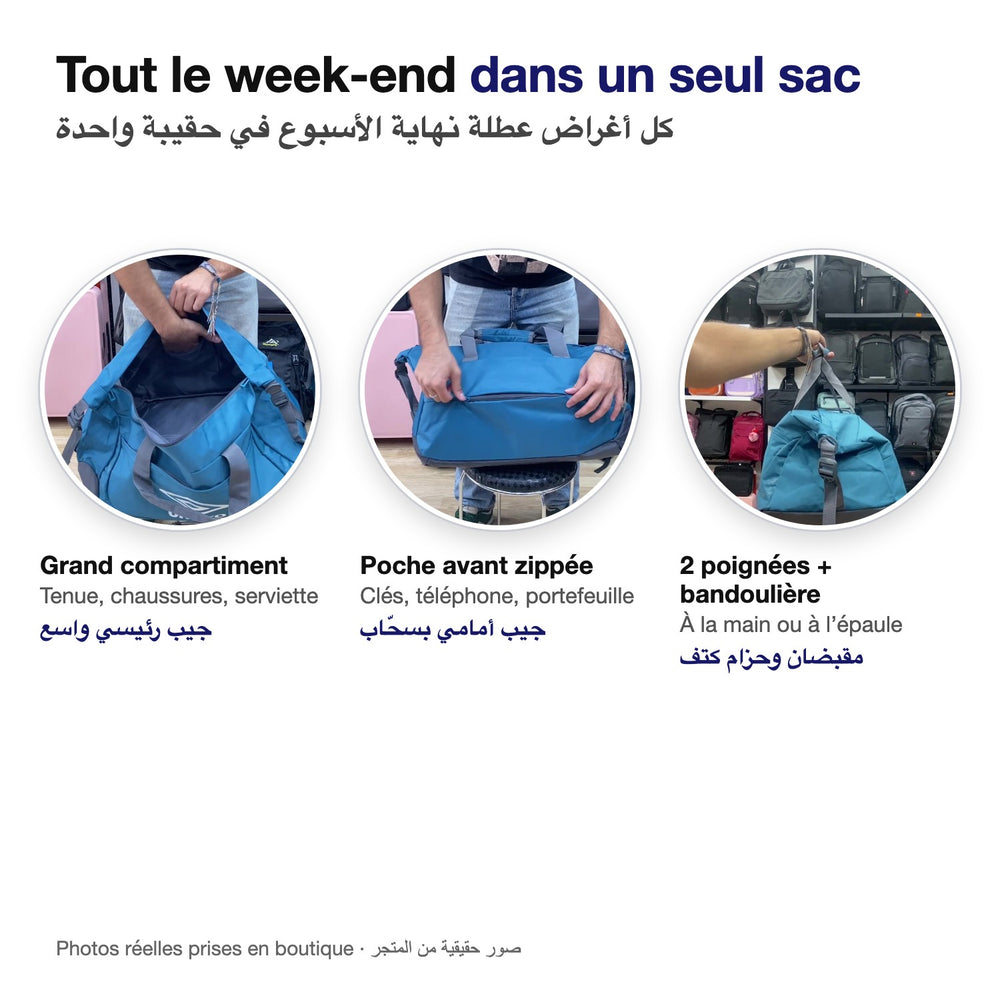 Grand compartiment, poche avant zippée, 2 poignées et bandoulière, photos réelles